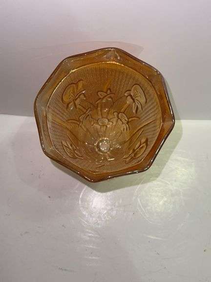 Vintage Jeannette Glass Iris and Herringbone Marigold Carnival Glass vase