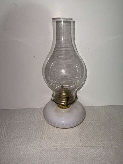 Milkglass oil lamp with clear glass chimney