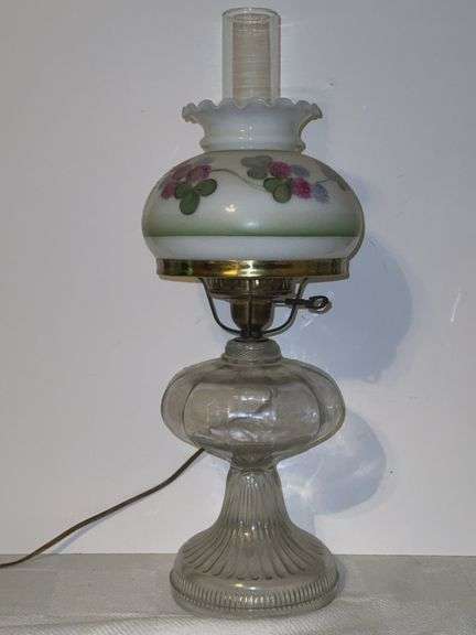 Oil lamp converted to electric with shade & chimney