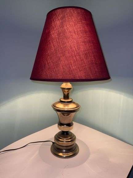 Brass electric lamp with burgundy shade