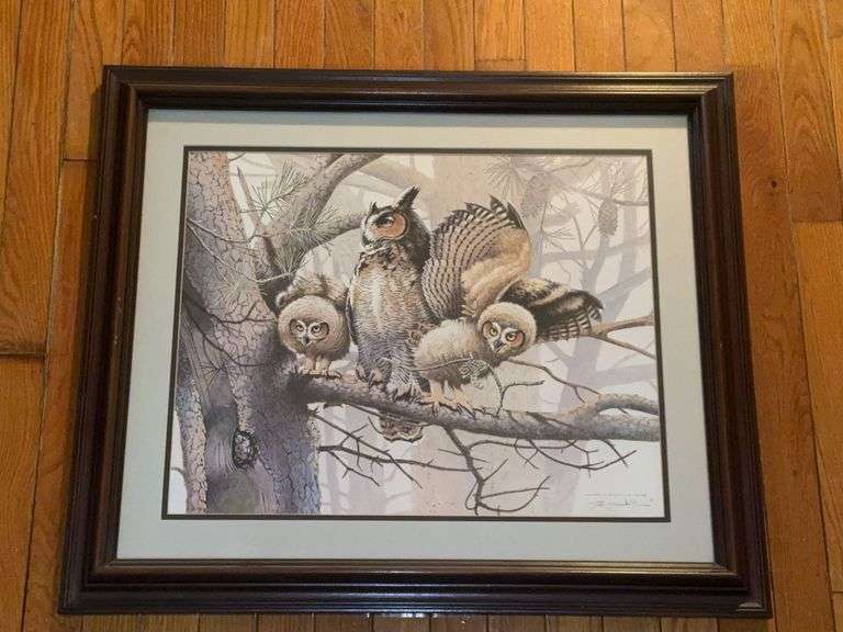 Great Horned Owl and several owlets on a tree branch by Jim Oliver- signed