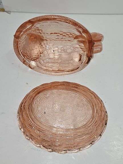 Vintage pink glass "Hen on Nest" covered dish