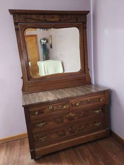 Walnut dresser with mirror and marble top