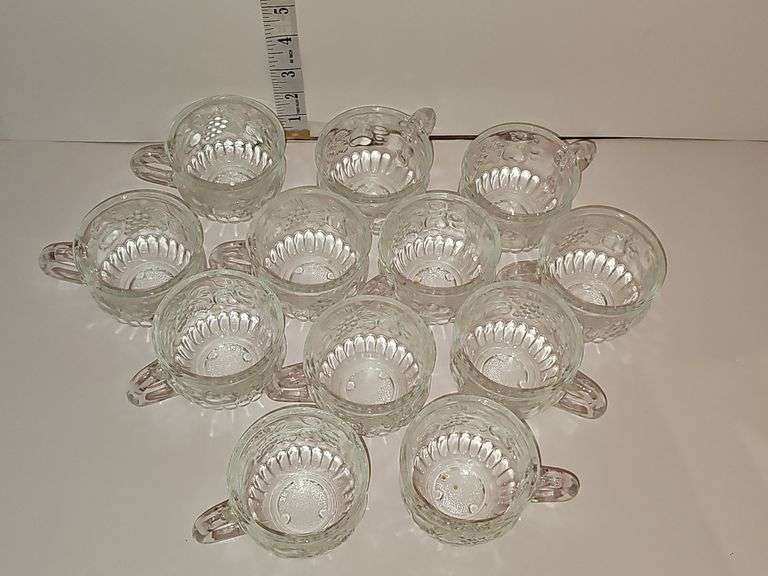 Vintage Pressed Clear Glass PEAR, GRAPE & APPLE Design Punch Bowl Cups