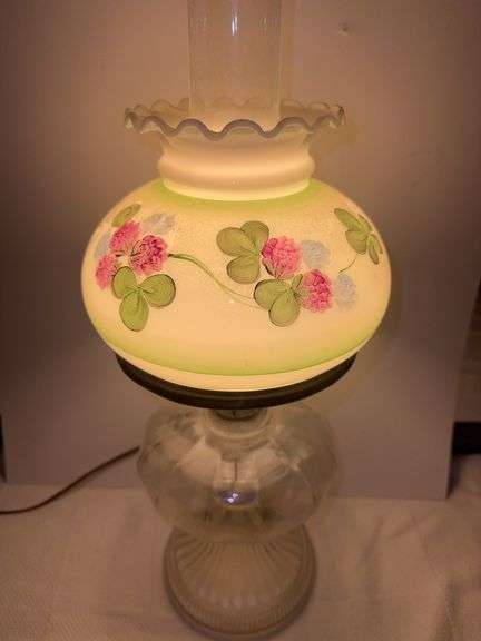 Oil lamp converted to electric with shade & chimney