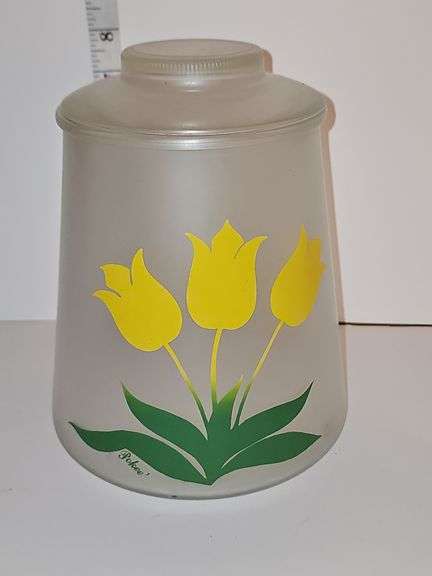 Bartlett Collins frosted glass cookie jar with a yellow tulip "Pokee" design.