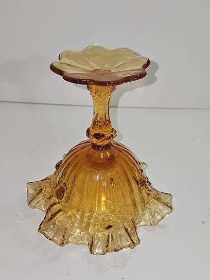 Vintage Fenton Colonial Amber Cabbage Rose Ruffled Pedestal Compote