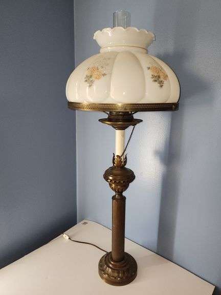 Brass lamp with Hurricane style lamp shade - electric