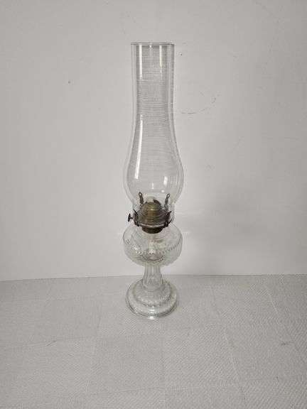 Clear glass "Dogtooth" pattern" oil lamp with tall clear chimney
