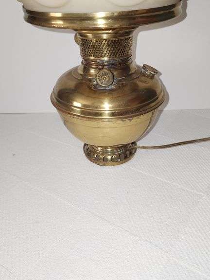 Brass electric lamp with Ruffled design shade and clear glass chimney
