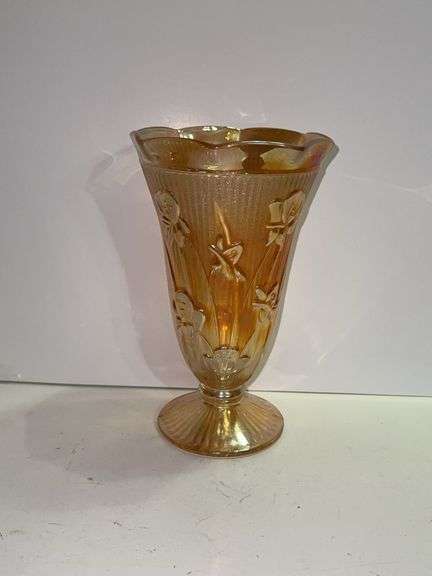 Vintage Jeannette Glass Iris and Herringbone Marigold Carnival Glass vase