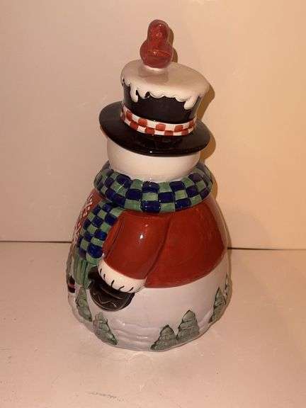 Vinrage 2003 Home Interiors Snowman Cookie Jar Cannister Cardinal Bird on Tophat