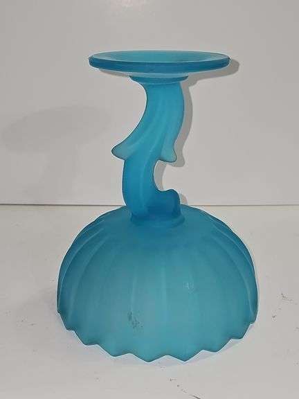 Vintage Indiana Glass frosted blue lotus blossom pedestal compote