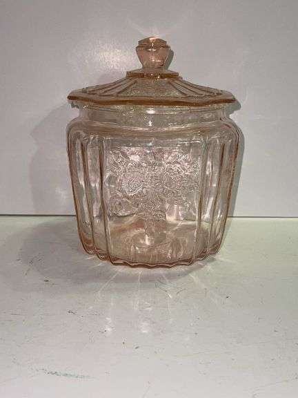 Vintage pink depression glass biscuit or cookie jar.