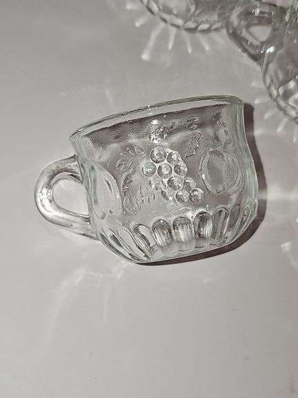 Vintage Pressed Clear Glass PEAR, GRAPE & APPLE Design Punch Bowl Cups