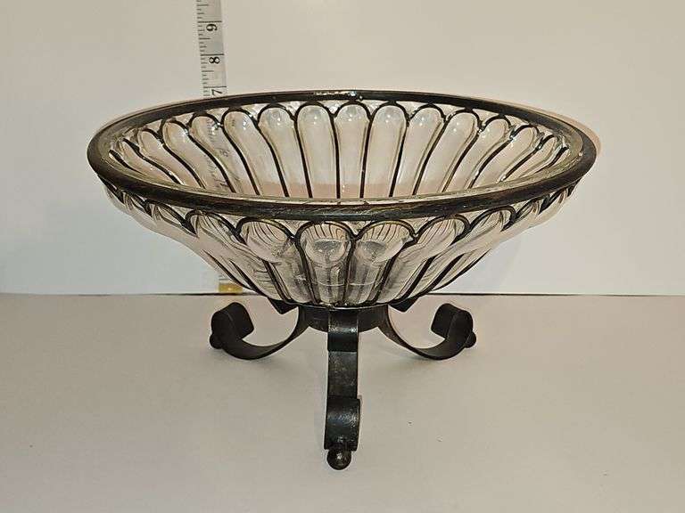 Vintage Blown Glass Bowl & Metal Caged
Imprisoned Brutalist Pedestal