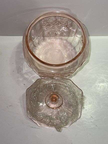 Vintage pink depression glass biscuit or cookie jar.