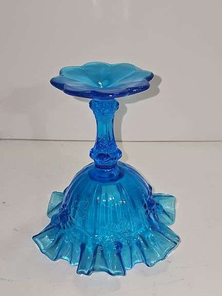 Vintage Fenton Colonial Blue Thumbprint Ruffled Compote.