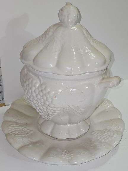 vintage California Pottery soup tureen with a lid, ladle, and underplate. Made in USA