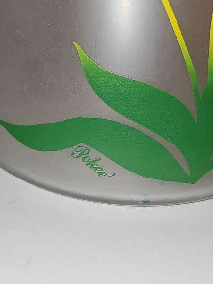 Bartlett Collins frosted glass cookie jar with a yellow tulip "Pokee" design.