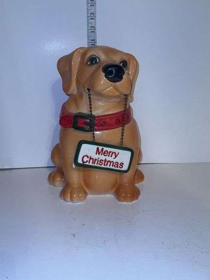 GKAO Yellow Lab Cookie Jar Dog With Hanging Merry Christmas Sign