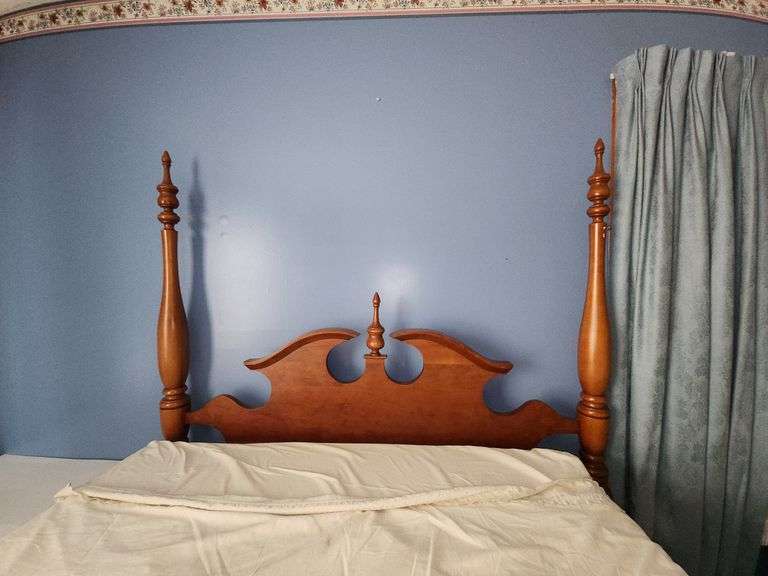 Wooden four-poster full size bed & bedding