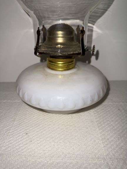 Milkglass oil lamp with clear glass chimney
