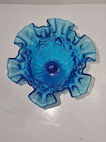 Vintage Fenton Colonial Blue Thumbprint Ruffled Compote.