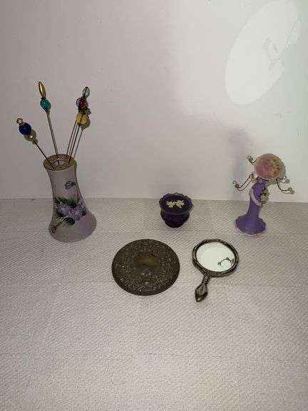 Vintage hand mirror, Avon bottle, Hat pin holder & more