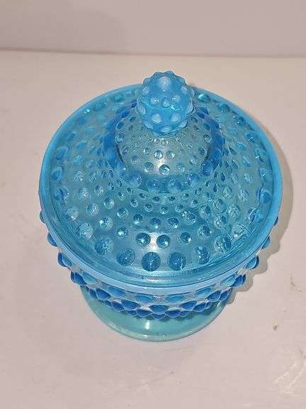 Fenton Blue Opalescent Hobnail covered candy dish.