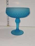 Vintage Indiana Glass Diamond Point compote dish in frosted blue satin glass