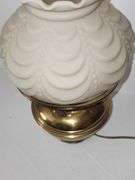 Brass electric lamp with Ruffled design shade and clear glass chimney