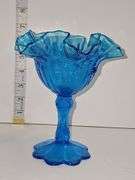 Vintage Fenton Colonial Blue Thumbprint Ruffled Compote.