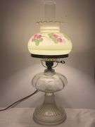 Oil lamp converted to electric with shade & chimney