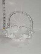 Vintage Fenton Silver Crest ruffled milk glass basket with a clear handle