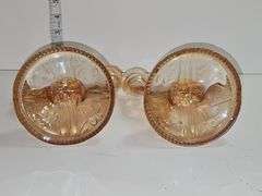 Jeanette Carnival Glass ~Iris~Orange Luster~Two Double Candle Holders