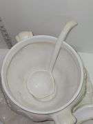 vintage California Pottery soup tureen with a lid, ladle, and underplate. Made in USA