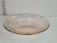 "Cabbage Rose" pink depression glass serving bowl.