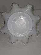 Vintage Fenton Silver Crest ruffled milk glass basket with a clear handle