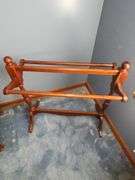 Handmade multicolored quilt & cherry quilt stand