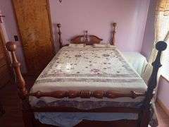 Cherry full size bed & bedding