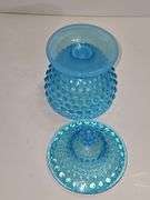 Fenton Blue Opalescent Hobnail covered candy dish.