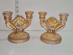 Jeanette Carnival Glass ~Iris~Orange Luster~Two Double Candle Holders
