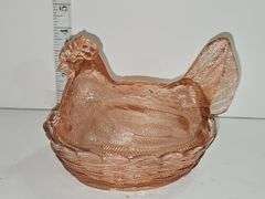 Vintage pink glass "Hen on Nest" covered dish