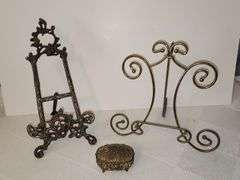 Brass easel stands & trinket box