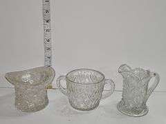 Clear glass creamer & other various glass pieces