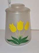 Bartlett Collins frosted glass cookie jar with a yellow tulip "Pokee" design.