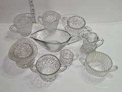 Clear glass creamer & other various glass pieces