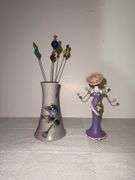 Vintage hand mirror, Avon bottle, Hat pin holder & more