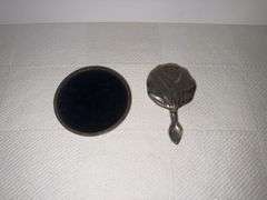 Vintage hand mirror, Avon bottle, Hat pin holder & more